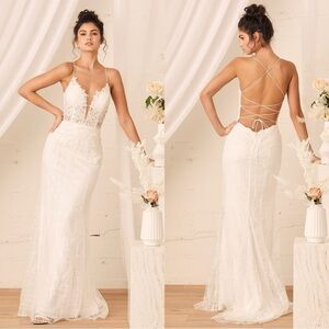 Sz 4 NWOT Lulus Wonderstruck White‎ Glitter Lace-Up Embroidered Lace Maxi Dress